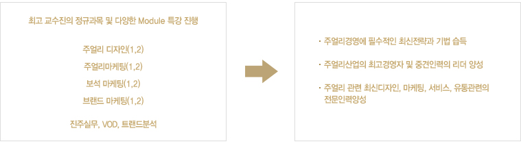 교육목표: 최고 교수진의 정규과목 및 다양한 Module 특강 진행. 주얼리 디자인(1,2), 주얼리마케팅(1,2), 보석 마케팅(1,2), 브랜드 마케팅(1,2), 진주실무, VOD, 트랜드분석 -> 주얼리 경영에 필수적인 최신전략과 기법 습득, 주얼리산업의 최고경영자 및 중견인력의 리더 양성, 주얼리 관련 최신디자인, 마케팅, 서비스, 유통관련의 전문인력양성